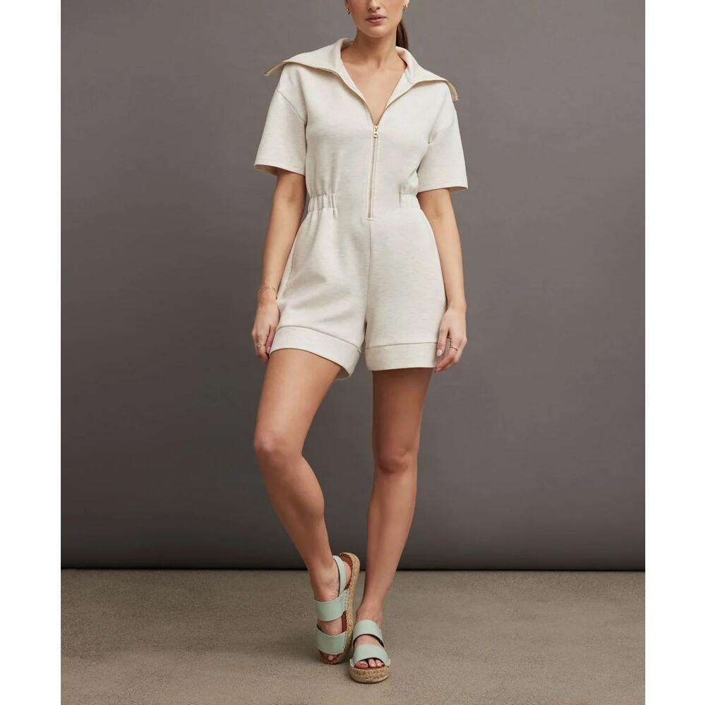 Varley Caldwell Playsuit Romper Ivory Marl Spacer Zip Front Cowl Athleisure SZ S